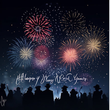 Happy New Year and Merry Christmas greeting card. Silhouettes of people with fireworks on dark backgroundの素材