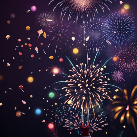 Colorful fireworks on dark sky background. Celebration and holiday concept.の素材