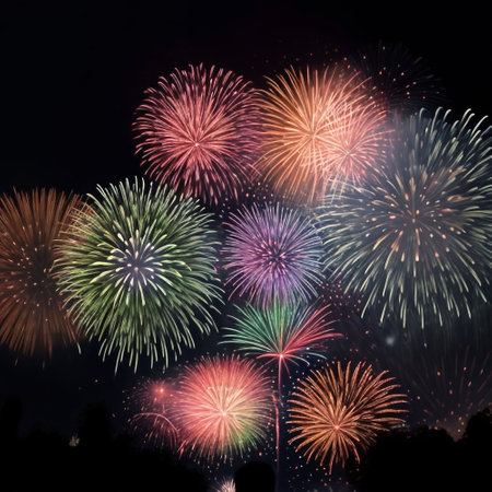 Colorful fireworks of various colors over night sky. Celebration concept.の素材