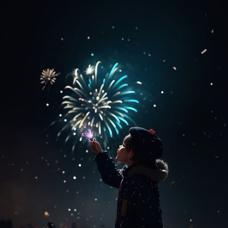 Little cute girl in winter jacket and hat with fireworks on background of night skyの素材
