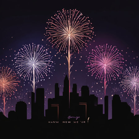Happy New Year and Merry Christmas background with fireworks. Vector illustration.の素材