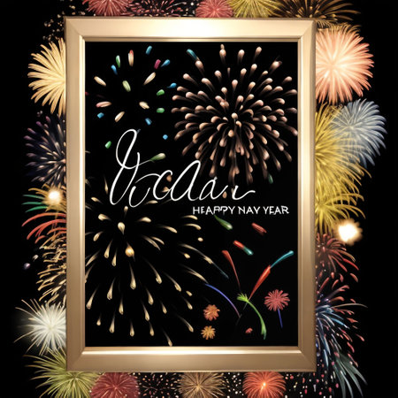 Gold frame with fireworks on black background. Happy New Year. Vector illustrationの素材