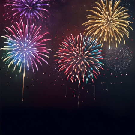 Colorful fireworks on night sky background. Vector illustration. Eps 10の素材