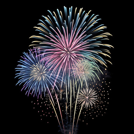 Colorful fireworks of various colors isolated on black background for celebration.の素材