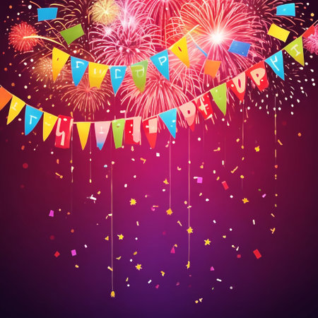 Celebration background with colorful fireworks and flags. Vector illustration.の素材