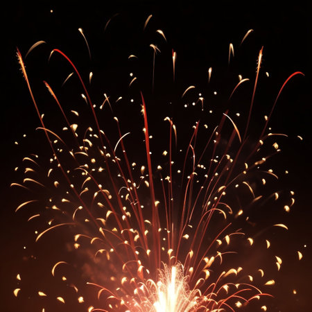 Fireworks in the night sky, closeup of photo with shallow depth of fieldの素材