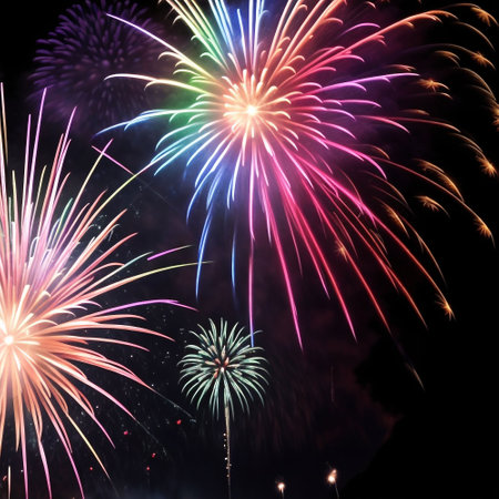 Colorful fireworks of various colors over night sky, celebration and anniversary conceptの素材
