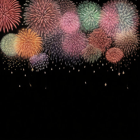 Colorful fireworks on a black background with space for your text.の素材
