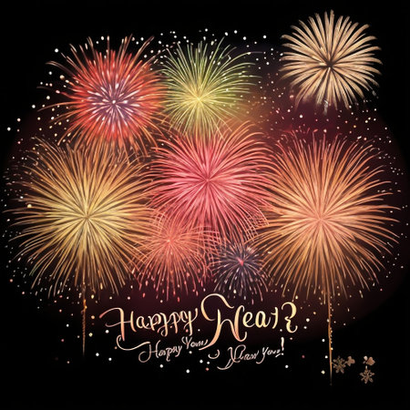 Happy New Year greeting card with fireworks on black background. Vector illustration.の素材