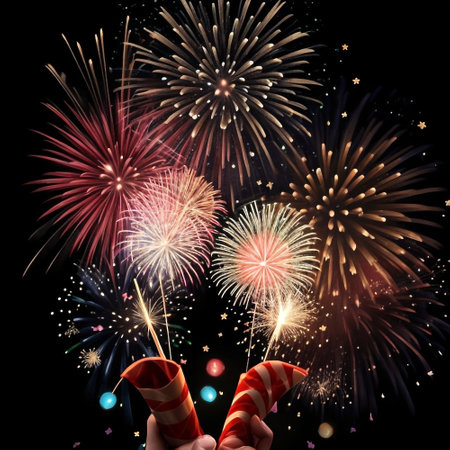 Close up image of human hand holding firecracker with fireworks on backgroundの素材