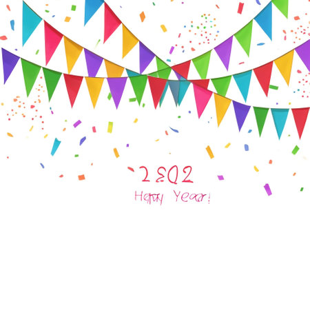 Happy New Year background with colorful garlands and confetti. Vector illustration.の素材