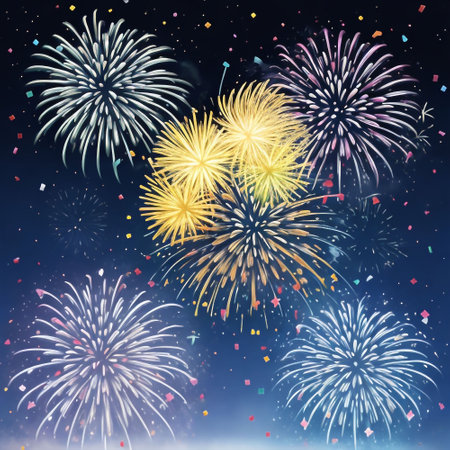 Colorful fireworks on night sky background. Happy New Year and Merry Christmas.の素材