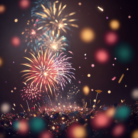 Colorful fireworks with bokeh effect on dark sky background.の素材