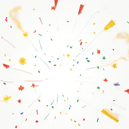 Colorful fireworks and confetti on white background. Celebration concept.の素材