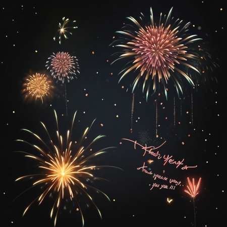 Happy New Year and Merry Christmas background with fireworks. Vector illustration.の素材