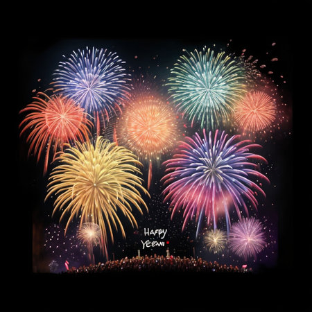 Colorful fireworks display on black background for celebration happy new year and merry christmasの素材