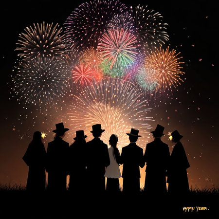 Silhouette of a group of people with fireworks in the backgroundの素材