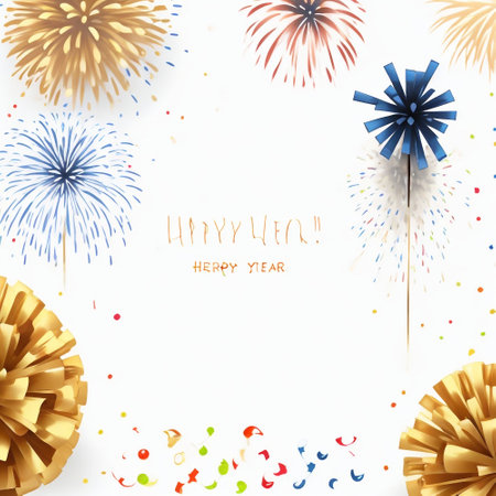 Happy New Year and Merry Christmas background with fireworks and confetti. Vector illustration.の素材