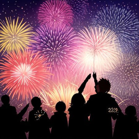 Silhouette of happy family celebrating new year with fireworks background.の素材