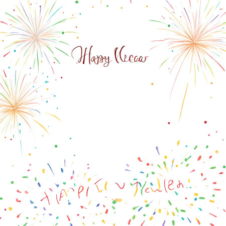 Happy New Year card with fireworks and confetti. Vector illustration.の素材