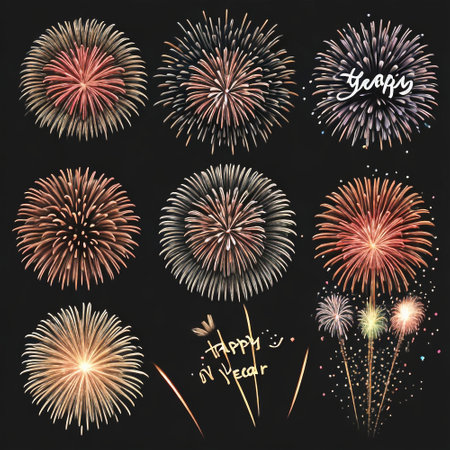 Set of Fireworks isolated on black background. Vector Illustration.の素材