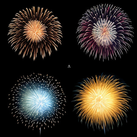 Set of colorful fireworks isolated on a black background. Vector illustration.の素材