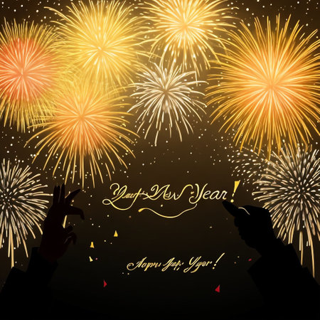 Happy New Year and Merry Christmas greeting card with fireworks. Vector illustration.の素材