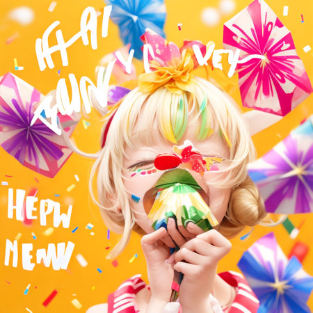 happy birthday, party and holidays concept - smiling little girl in carnival costume eating cakeの素材