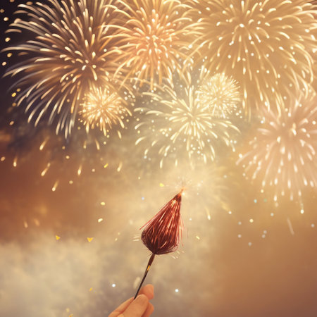 Colorful fireworks with hand holding firecracker at New Year or Christmas celebrationの素材