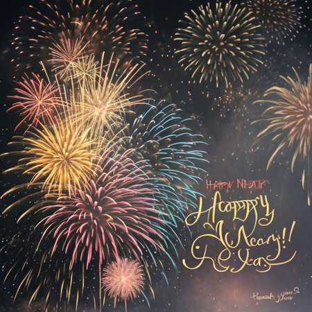 Happy New Year card with fireworks on dark background. Vector illustration.の素材