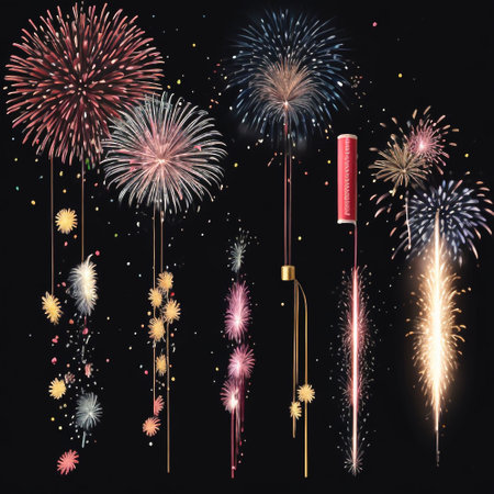 Set of fireworks on black background. Vector illustration. EPS 10.の素材