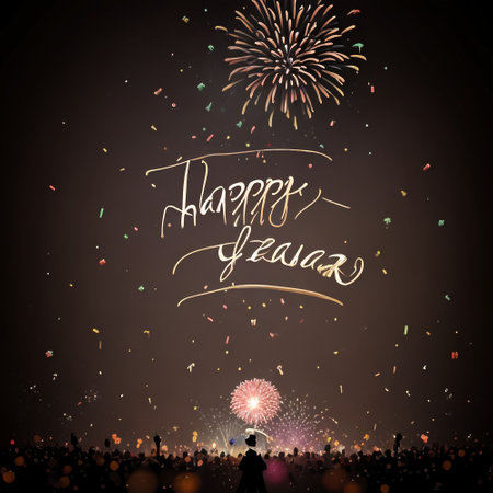 Happy New Year background with fireworks and silhouettes of people. Vector illustration.の素材