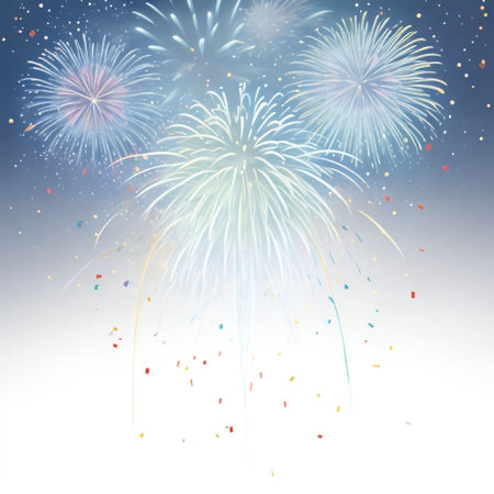 Colorful fireworks on blue sky background. Vector illustration for your designの素材