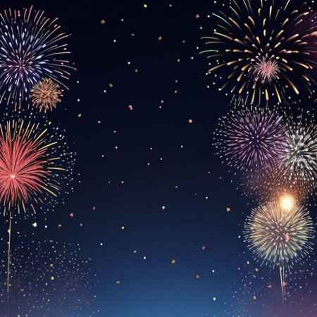 Colorful Fireworks on the night sky background. Vector illustration.の素材