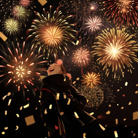 Young woman in winter jacket with confetti and fireworks on black backgroundの素材