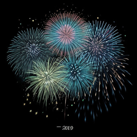 Colorful fireworks on black background. Happy new year 2020. Vector illustrationの素材