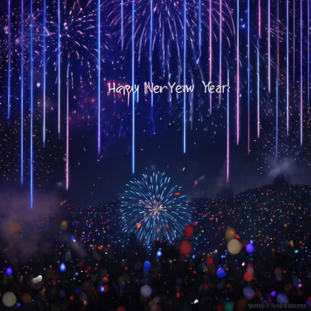 Happy New Year background with fireworks and crowd of people. Vector illustration.の素材