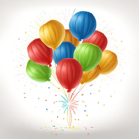 Colorful balloons with fireworks and confetti on white background. Vector illustration.の素材