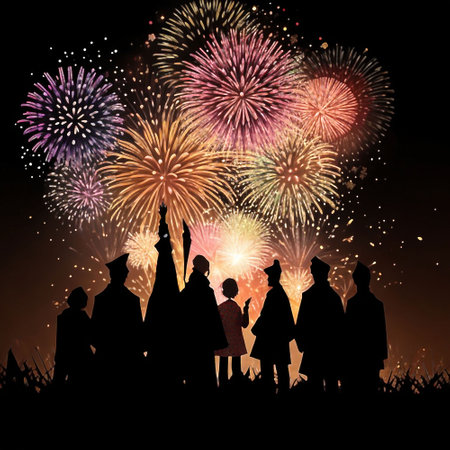 Silhouette of happy family with fireworks in the night sky backgroundの素材