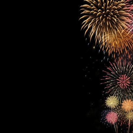 Colorful fireworks on black background for celebration happy new year and merry christmasの素材