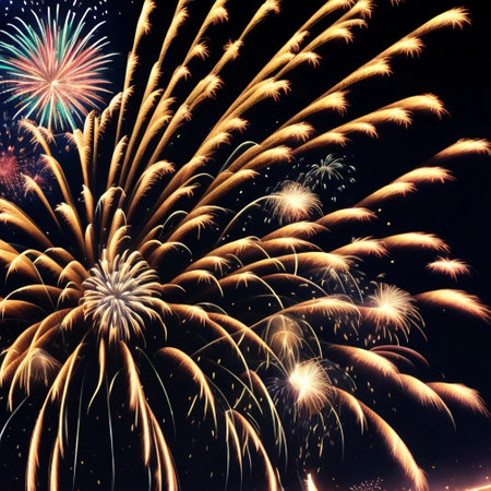 Colorful fireworks on the black sky background with space for text.の素材