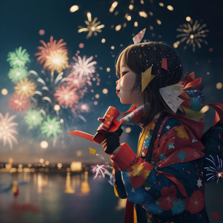 Asian Chinese little girl in kimono with firework over night sky backgroundの素材