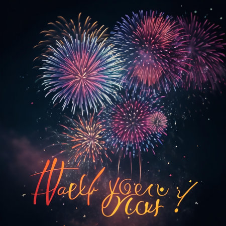 Happy new year background with fireworks. Handwritten text. Vector illustration.の素材