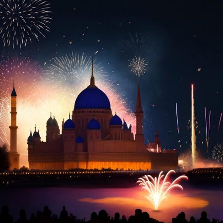 View of Sultanahmet Mosque with fireworks in Istanbul, Turkey.の素材