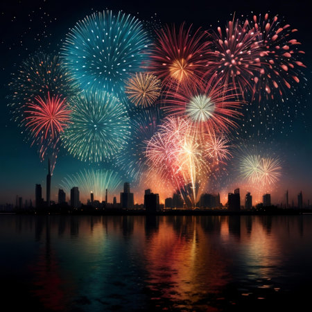 Fireworks over the cityscape with reflection on the water, illustrationの素材