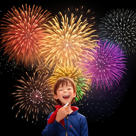 Asian boy in blue jacket and red cape with fireworks on black backgroundの素材