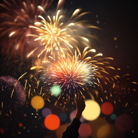 Close up of human hand holding colorful firework bokeh backgroundの素材