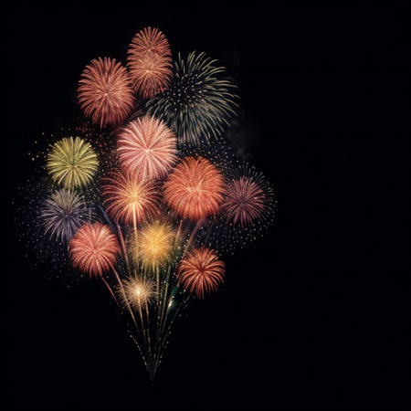 Colorful fireworks of various colors over night sky with copyspaceの素材