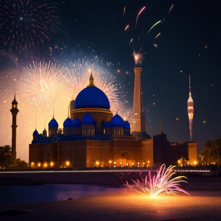 Shah Alam Mosque with fireworks at night, United Arab Emirates.の素材
