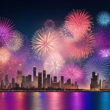 Fireworks over the cityscape at night, Hong Kong, Chinaの素材